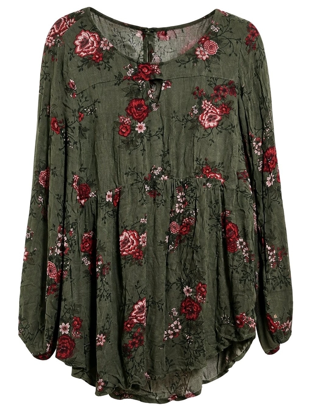 105 torrid 2 2X Olive Green Floral Peplum Blouse with Red and Pink Flowers